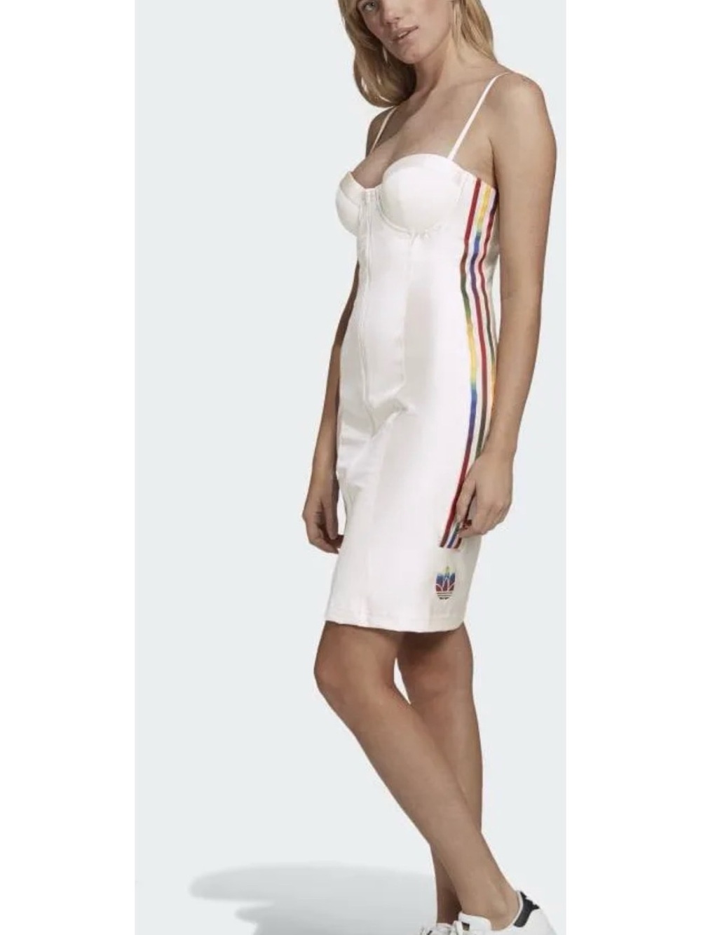 adidas x Paolina Russo White Bustier Dress with Rainbow Side Stripes